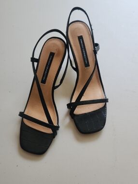 French Connection Black Croc-Embossed Square Toe Slingback Heels